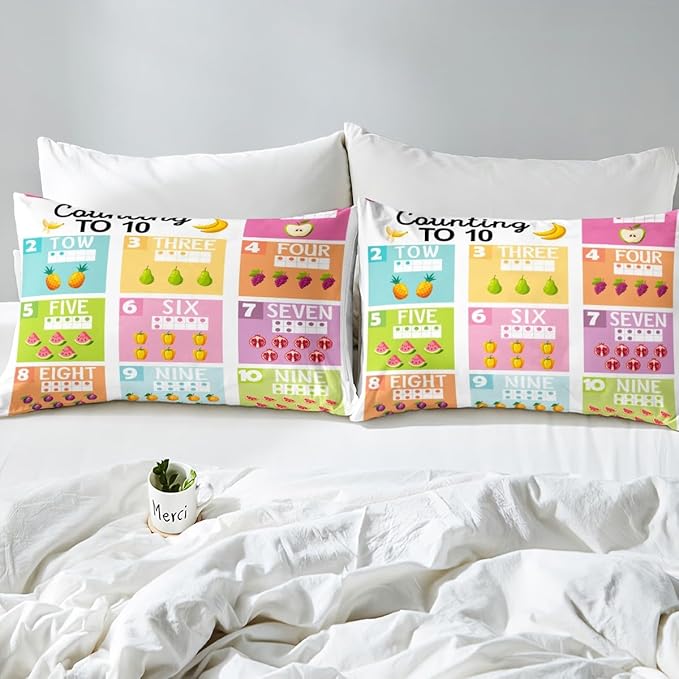 Feelyou Kids Numbers Bedding Set Twin Size, Educational Bed Sheet Set Boys Girls for Fruits Fitted Sheet Learning Teens Bedroom Decor with 1 Pillow Case (No Flat Sheet)