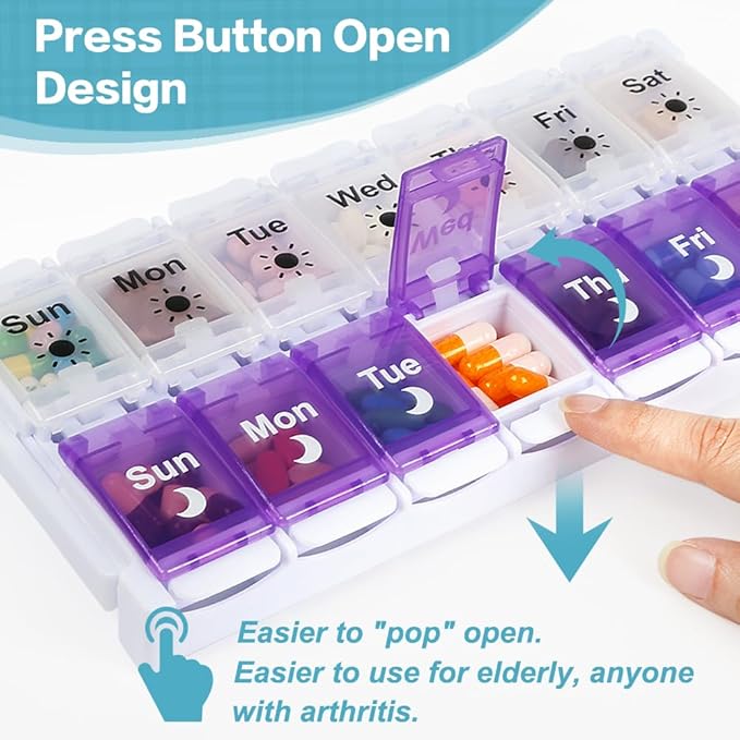 Shintop Am Pm Pill Organizer 7 Day, Push Button Weekly Pill Box 2 Times Removable Lid Medication Case Easy Fill Day Night Vitamin Container for Fish Oil Supplements (Purple & White)