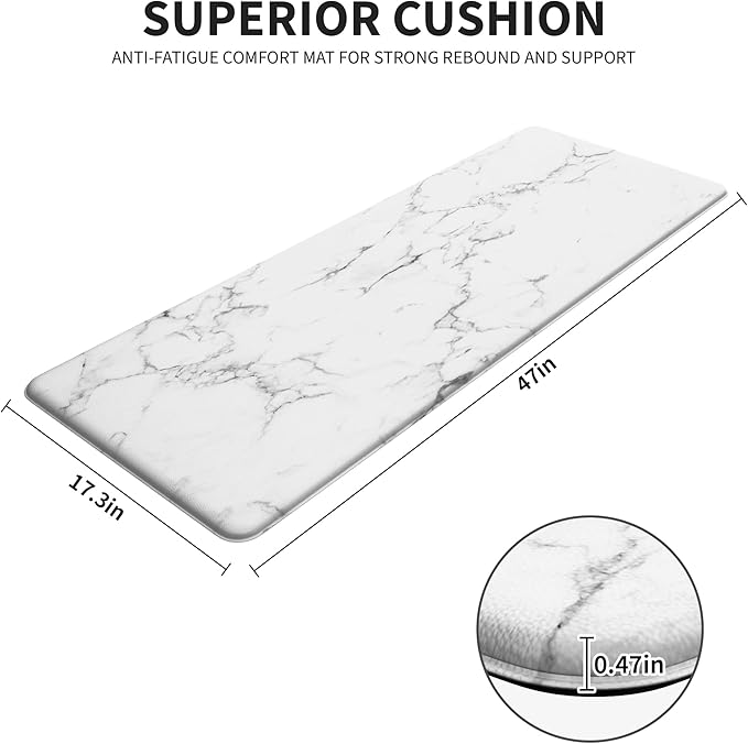 Marble White Kitchen Mats for Floor Anti Fatigue Mats for Kitchen Floor Kitchen Rugs Abstract Art Decorative Cushioned Non Slip Waterproof Mats for Office Bedroom Laundry, 17.3"x 47"