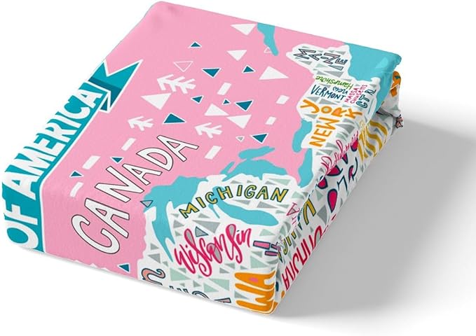Blue Pink USA Map Fitted Sheet Queen, Geography Bed Sheet Set for Kids Boys Girls Teens Educational Map Bedding Set - Learning Educational Bed Cover