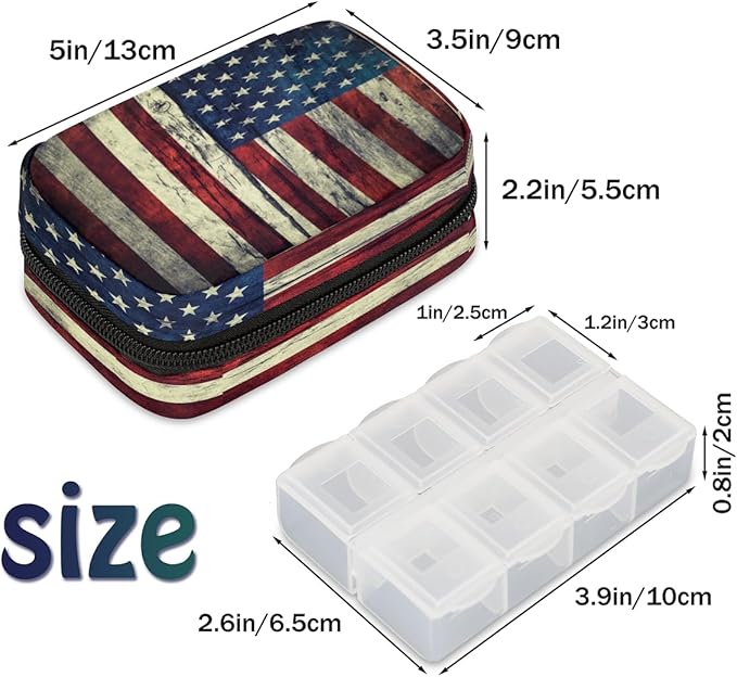 Vintage American Flag Travel Pill Organizer Box Weekly Portable Pill Case Daily Pills 7 Day Small Birth Control Pills Container Removable Compartments for Medicine Vitamins Fish Oil