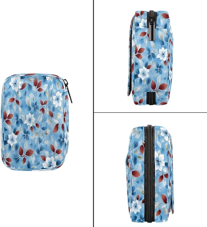 Flowers Leaves Blue Pill Case Everyday Travel, 7 Day Weekly Medicine Pill Box Compact Portable Pills Bottle Organizer with Zipper for Daily Vitamin Medicine Holder Bottle Organizers Bag