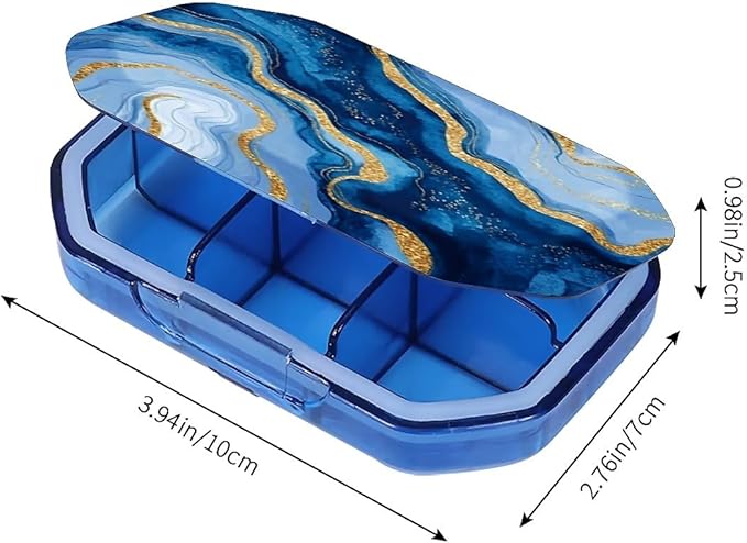 This Portable Watercolor Gold and Blue Marble Pattern 6-Compartment Pillbox Can Be Placed in A Pocket Or Wallet to Store Vitamins, Medicines Fish Oil Health Supplements Other Medications.