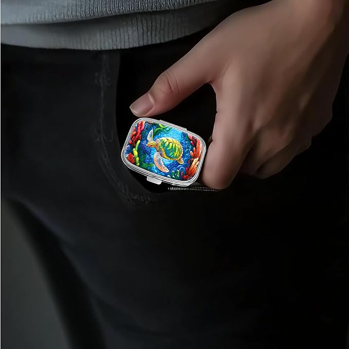Pill Box-2 Compartment Small Pill Case Portable for Pocket & Purse Single Pill Carrier Pill Container to Hold Vitamins Medication Fish Oil and Supplements BPA-Free(Sea Turtle)