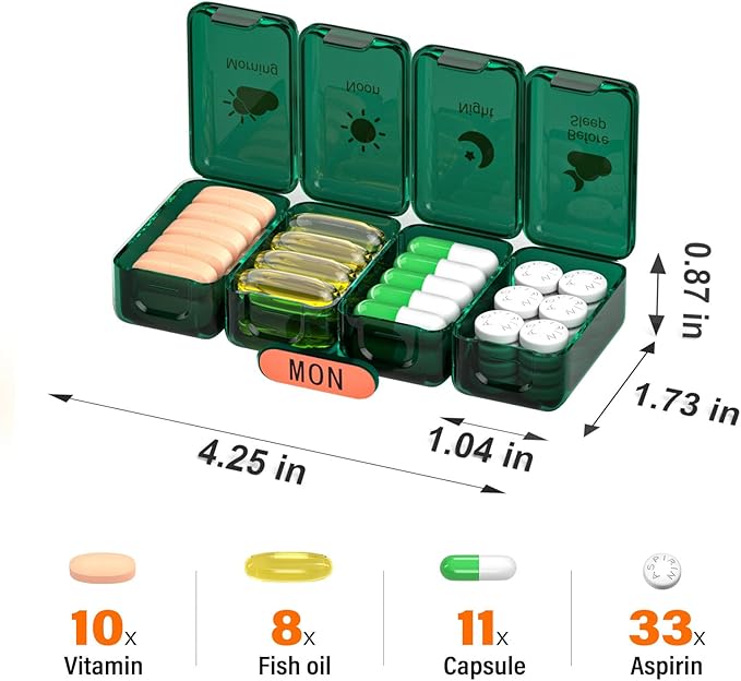 Weekly Pill Organizer 4 Times a Day, Large Compartments Pill Box 4X 7 Day, Medicine Organizer Pill Case for Pills/Vitamins/Fish Oils/Medication/Supplements (4x7 Dark Green)