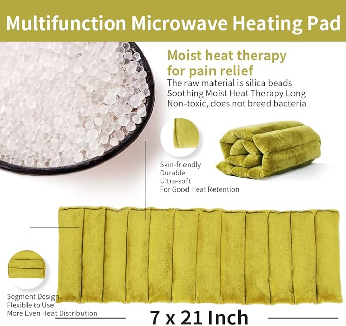 UNI-GO Silica Beads Microwave Heating Pad for Hot Compress and Cold Compress, No Smell, Reusable Microwavable Heating Pad for Back, Neck, Shoulder, Leg, Muscle Ache & Cramps. (Olive Green-7"x21")