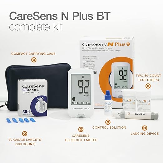 CareSens N Plus Bluetooth Blood Glucose Monitor Kit with 100 Blood Sugar Test Strips, 100 Lancets, 1 Blood Glucose Meter, 1 Lancing Device, Travel Case for Diabetes Testing Kit (Auto-Coding Glucometer kit with 1 Control Solution) for Personal Use