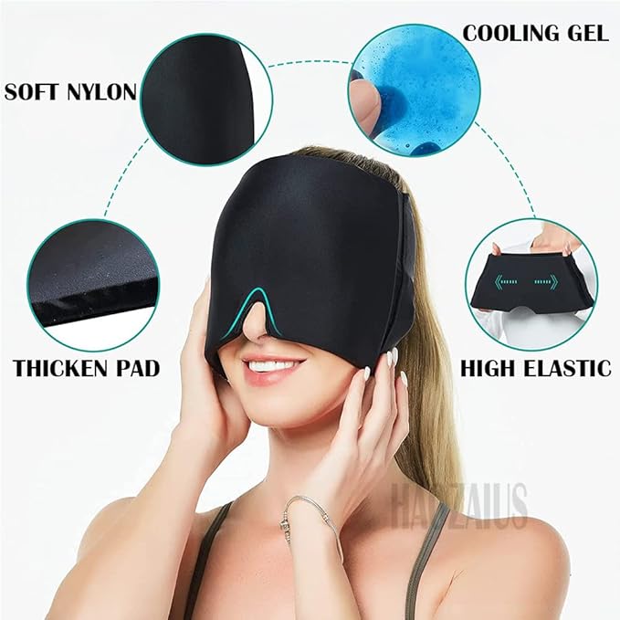 Men Women Sleep Eye Mask Cooling Head Wrap for Sleeping, Micro Weighted Eyeshade Elastic Blackout Eye Cover Reusable Eye Blindfold Travel Eyeshade with Cooling/Heated Gel Pad