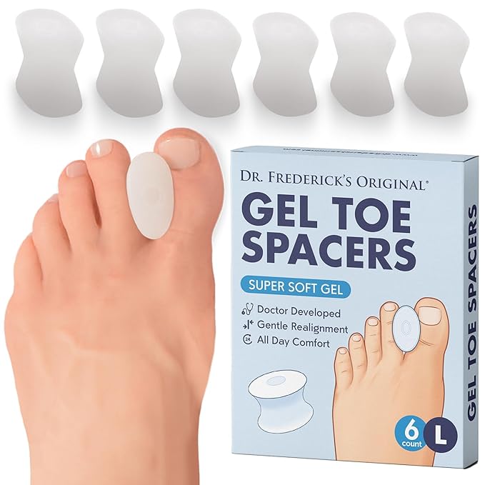 Dr. Frederick’s Original Gel Toe Separators - 6 ct - Soft Bunion Spacers for Overlapping Toes, Gentle Alignment & Foot Pain Relief - Toe Cushion Spacers for Women & Men - Washable & Reusable - Large