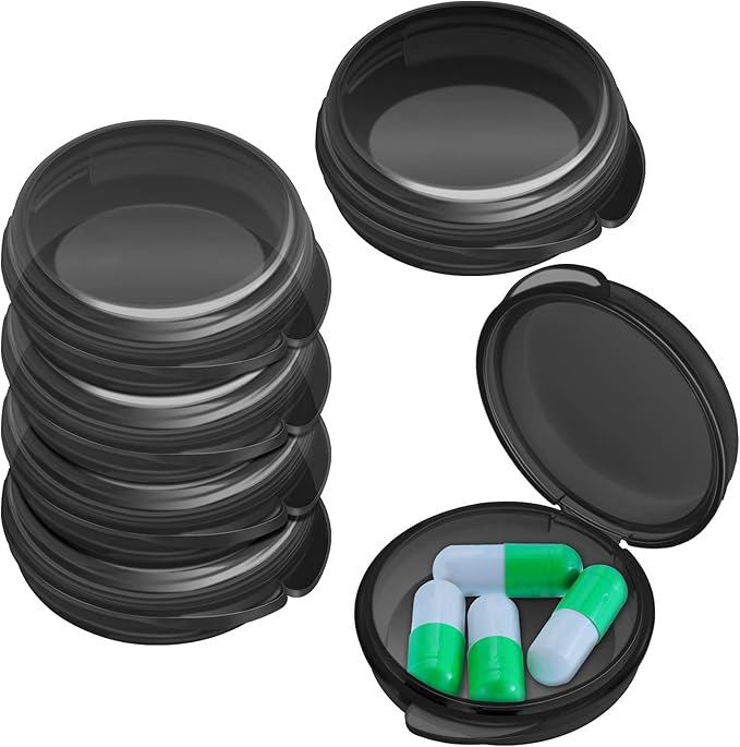 Patelai Small Pill Case Travel Pill Container Clear Mini Organizer Box Round Black Medicine Case Holder for Pocket Purse Briefcase Travel Medicine Cod Liver Oil Storage(6 Pack)