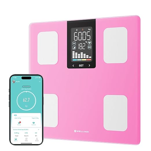 FITDAYS Smart Body Fat Scale, Bluetooth Composition Analyzer, 400lbs (Pink, 11"/280mm)