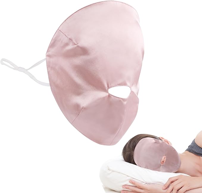 100% Silk Full Face Sleep Mask Double-Layer Silk Fabric Skin Care Lightweight 19 Momme Sun-Proof Sleeping Masks with Ear Hanging Elastic Strap for Women Men (Pink)