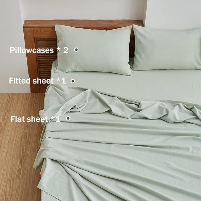 Simple&Opulence Belgian Linen Sheet Set Solid Color - 3 Pieces (1 Flat Sheet, 1 Fitted Sheet & 1 Pillowcase) Natural Flax Cotton Blend Soft Breathable Farmhouse Bedding - Twin Size, Mint Green