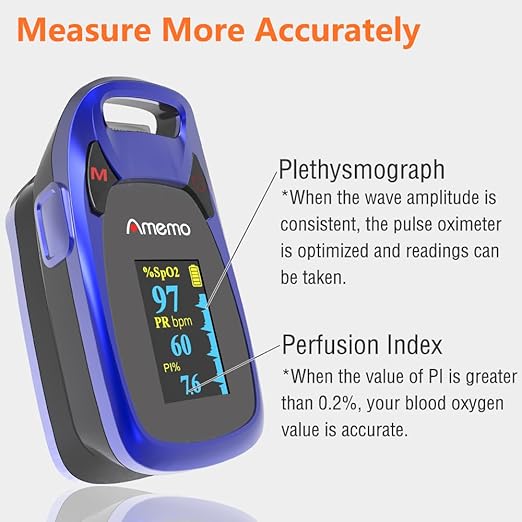 Fingertip Pulse Oximeter with Plethysmograph and Perfusion Index, include carrying case, Large OLED Digital Display Blood Oxygen Saturation Monitor Heart Rate Monitor (Blue)