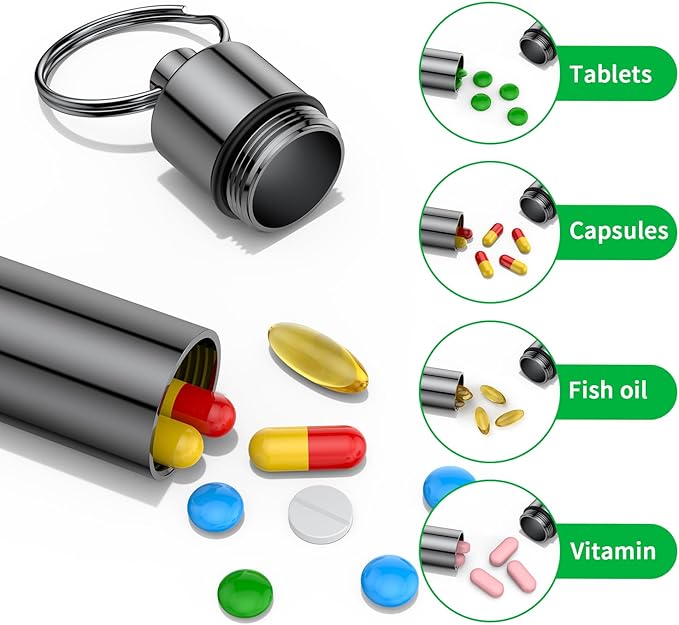 Small Pill Box,(2 Pack) Keychain Pill Holder Portable Mini Travel Pill Container Metal Case Bottle with Keyring