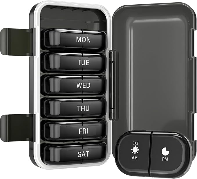 Vikie Weekly Pill Organizer 2 Times a Day with AM PM Sections, BPA-Free, Portable & Moisture-Proof for Pills, Vitamins, Supplements (2x7 Black)