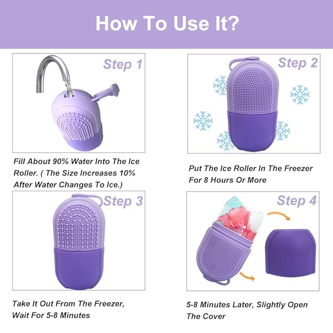 Reusable Cube Silicone Mold Ice Roller With Brush For Face Cold Therapy Facial Massage Roller (Purple)