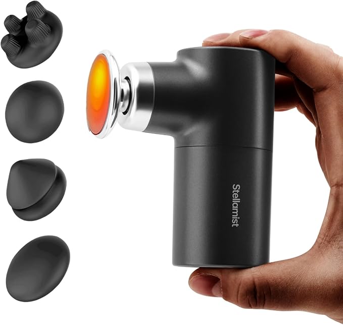 Mini Massage Gun with Heat, Deep Tissue Massage Gun, Portable Percussion Muscle Massager with 4 Massage Heads for Athletes