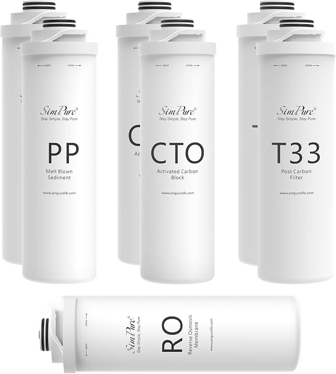 SimPure T1 Series 1-Year Replacement Filter Cartridge Pack Set for Model T1-400UV Tankless Reverse Osmosis Water Filter System (2*PP + 2*CTO + 1*RO + 2*T33)