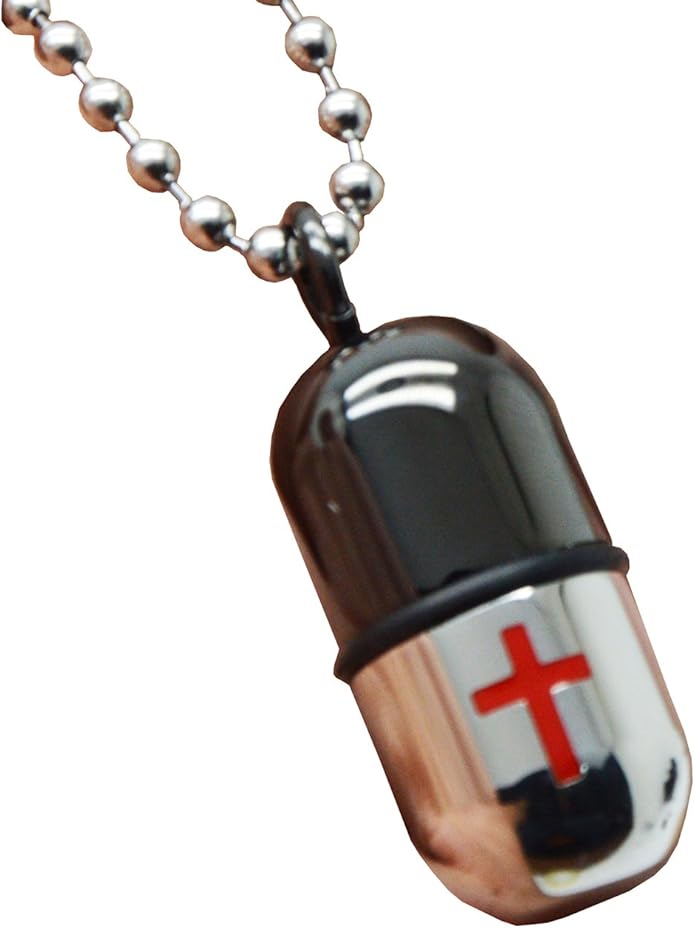 1.1''*0.7'' Latin Cross Black& Red Pill Capsule Case Holder Necklace Pendant Adjustable 27'' Long Chain with a Velvet Bag