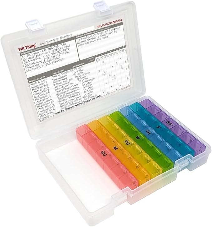 7 Times a Day Weekly Pill Box Organizer Case, Secure 7X Pillbox with Medication Schedule (7 Time-a-Day 2 Pack)