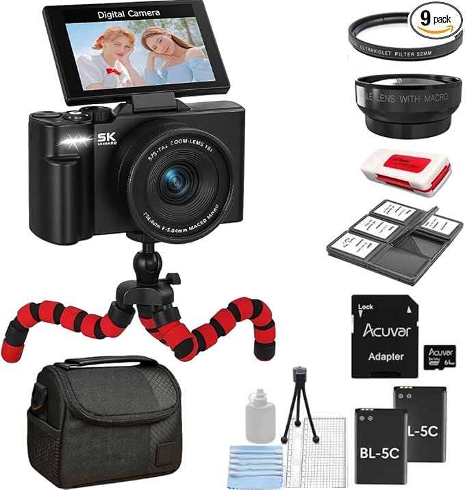 4K/5K Digital Camera – 75MP Vlogging Camera for YouTube, 180° Flip Screen, 18X Zoom, WiFi – Black Pro Kit with 64GB Card, Tripod, Case, Macro/Wide Lens & UV Filter