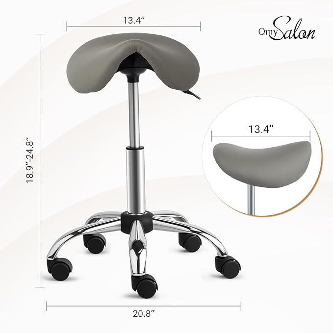 OmySalon Saddle Stool Rolling Chair, Ergonomic Saddle Chair with Swivel Wheels, Adjustable Hydraulic Stylist Cutting Stool for Salon Tattoo Massage Office Medical, Grey