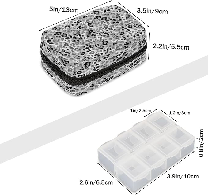 Grey Leopard Print Pill Case Everyday Travel, 7 Day Weekly Medicine Pill Box Compact Portable Pills Bottle Organizer with Zipper for Daily Vitamin Medicine Holder Bottle Organizers Bag
