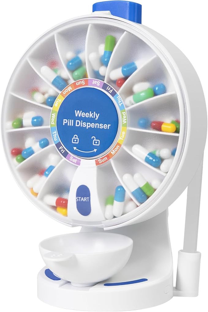 Weekly Pill Dispenser, 14 Compartment Large Pill Organizer with One-Press Button, Wall Mount or Countertop Pill Dispenser with Cup, Easy Vitamin & Medication Organizer for Elderly (Blue)