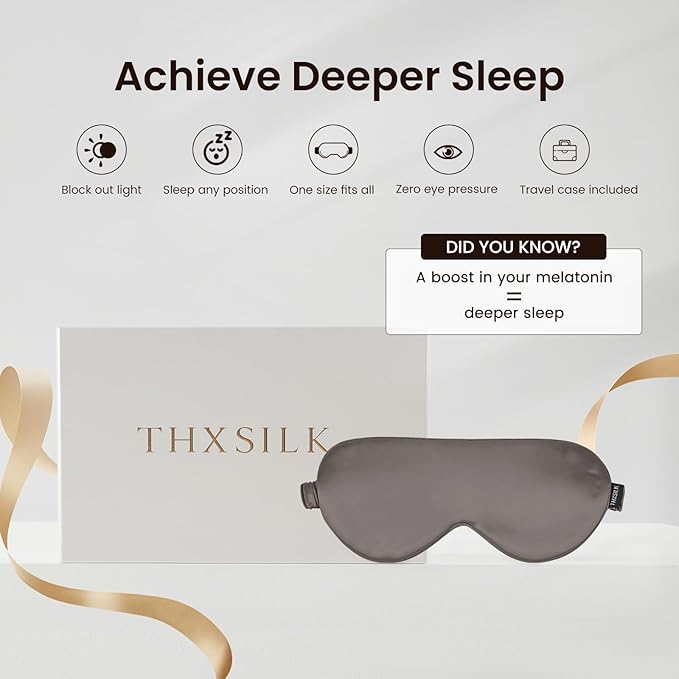THXSILK Sleep Mask 100% 25 Momme Pure Mulberry Silk Super Smooth Cooling Sleep Eye Mask Blackout for Women/Man/Kids, Eye Cover with Wide Head Strap for Good Night Sleep, Charcoal