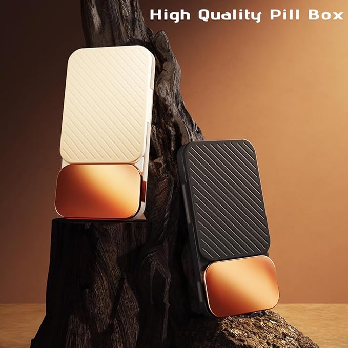 MURRI&MURRDI Mini Pill Storage Organizer with Splitter, Portable Tablet Crusher for Purse Pocket, Pill Cutter for Small Tiny or Large Pills, Medicine Case 4 Cells Vitamin Dispenser Holder, Black
