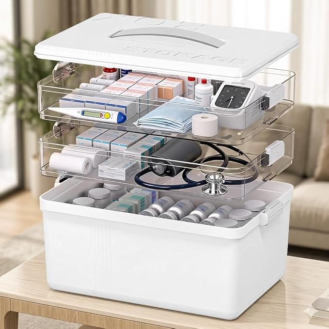 Citylife 3-Tier Medicine Cabinet Organizer,Medicine Cabinet First Aid Kit with Handle,Portable Multi-Purpose Storage Box Suitable for Family Emergency,Home,Travel,White