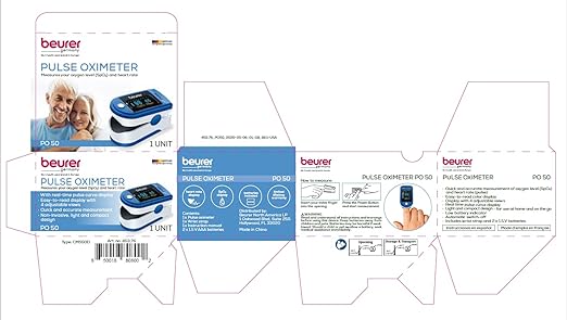 Beurer PO50 Fingertip Pulse Oximeter, Blood Oxygen Saturation & Heart Rate Monitor, 4 Colored Graphic Display Formats, Extra-Small & Light, Strap & Batteries Included