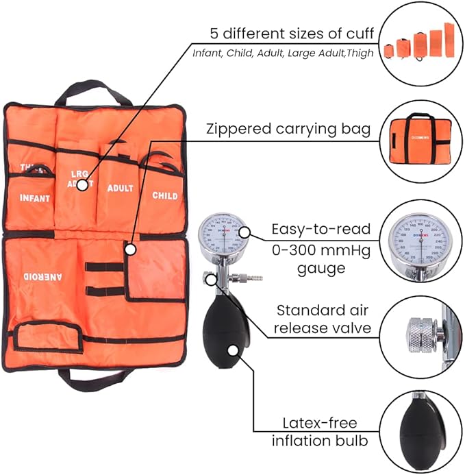 Dixie EMS Aneroid Sphygmomanometer Kit, Manual Blood Pressure Monitor Set with 5 Cuffs for Infant, Child, Adult, Large Adult, Thigh, & Carrying Case - Orange