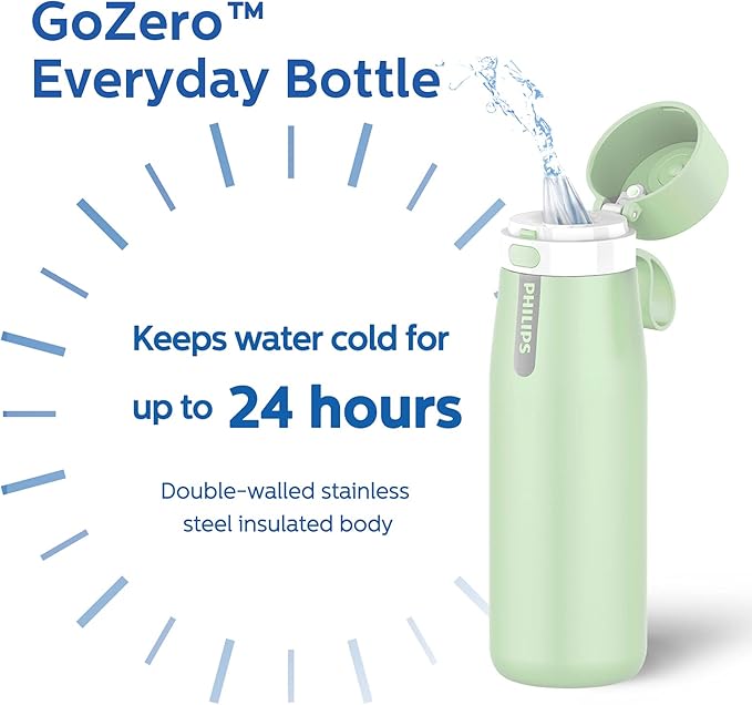 PHILIPS Water Bottle with Filter, Filter Water Bottle Stainless Steel with GoZero Everyday BPA-Free Tap Water Filter, Water Filter Bottle Keep Drink Cold 24 Hours, 3 Filters for 120 gal / 6 Months