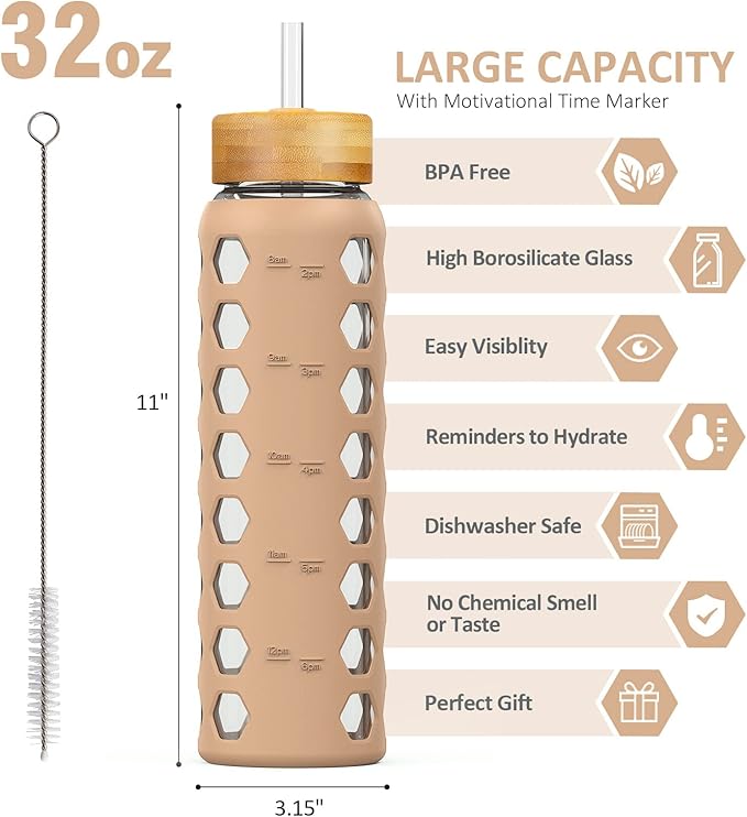 MUKOKO 32oz Glass Water Bottles with 2 Lids-Handle Spout Lid&Bamboo Straw Lid, Motivational Water Tumbler with Time Marker Reminder and Silicone Sleeve, Leakproof-Amber-1 Pack