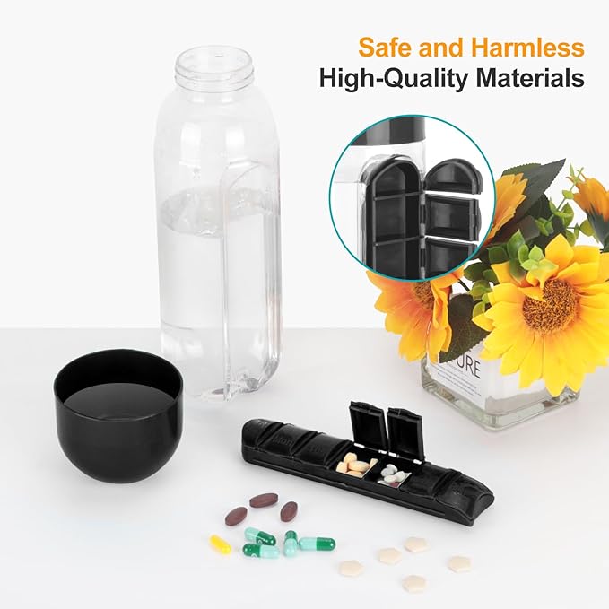 Medicine Box Water Cup,2 in 1 Water Bottle Medicine Box Storage Box,20 oz Daily Sports Water Bottle with Pill Box Organizer 7 Days Capsule Organizer, Black