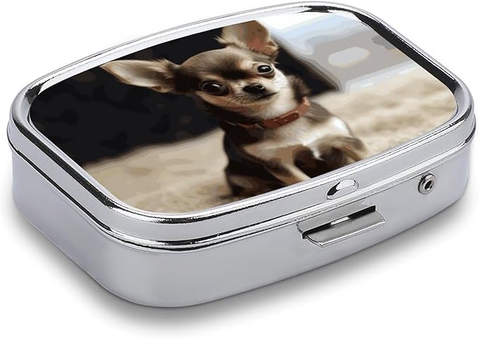Cute Chihuahua Square Pill Box Travel Portable Pill Case 2 Compartment Medicine Metal Tablet Vitamin Holder Organizer for Purse Pocket