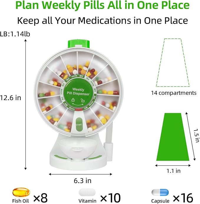 EziMedPil Pill Dispenser Daily, 14 Days Large Pill Organizer with One-Press Button, Standing Use or Wall-Mounted or Glass-Sticking Pill Container w/Med Cup, Weekly Pill Box for Vitamin,Medicine(Green)