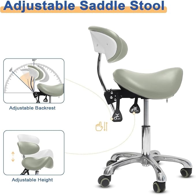 Saddle Stool with Wheels,3-Way Function Rolling Stool with Back Support,Ergonomic Stool Saddle Stool for Hair Stylist for Dentist Salon Tattoo(Grey)