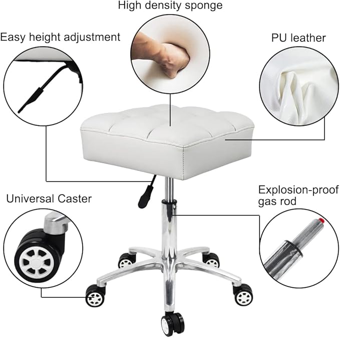 Rolling Stools Square Seat Thick PU Leather 360° Swivel Stool with Wheels Hydraulic Lift Height Adjustable Stool Chair for Home Kitchen Drafting Lab Office Salon Massage Stool（White）