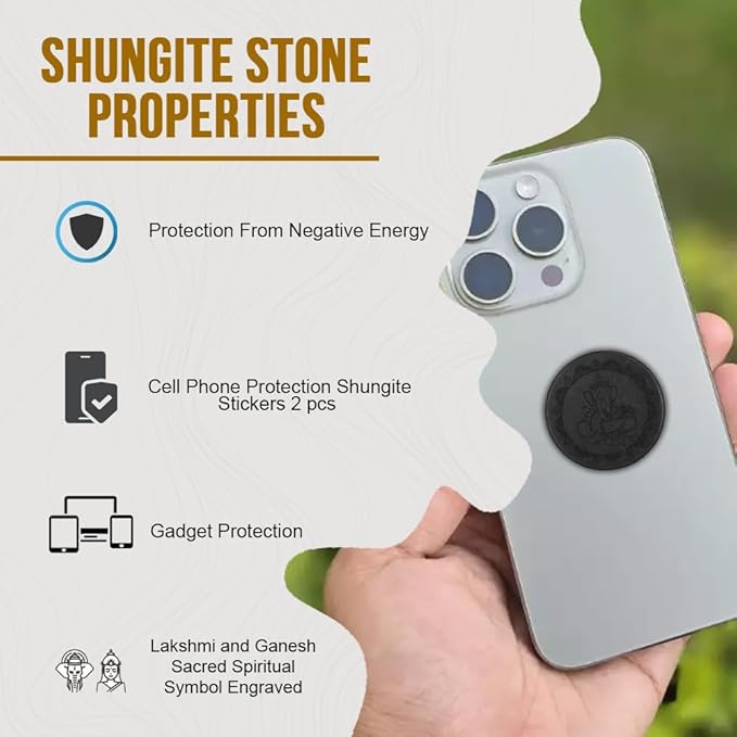 Shungite Stone Sticker | Protection for Cellphone, Laptop, Ipad and Electronic Devices | Laxmi Ganesha Pair | Festive Gifting (Pack of 2)