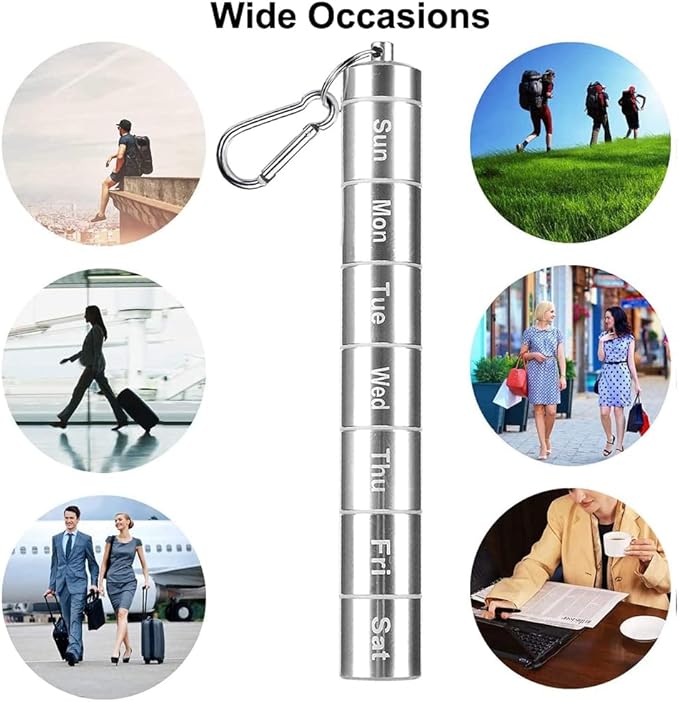 Tvoip Portable Pill Case Keychain Waterproof 7 Days Pill Holder Travel Pill Container Portable Medicine Keychain Daily Airtight Pill Organizer for Outdoor Camping Travel (Silver)