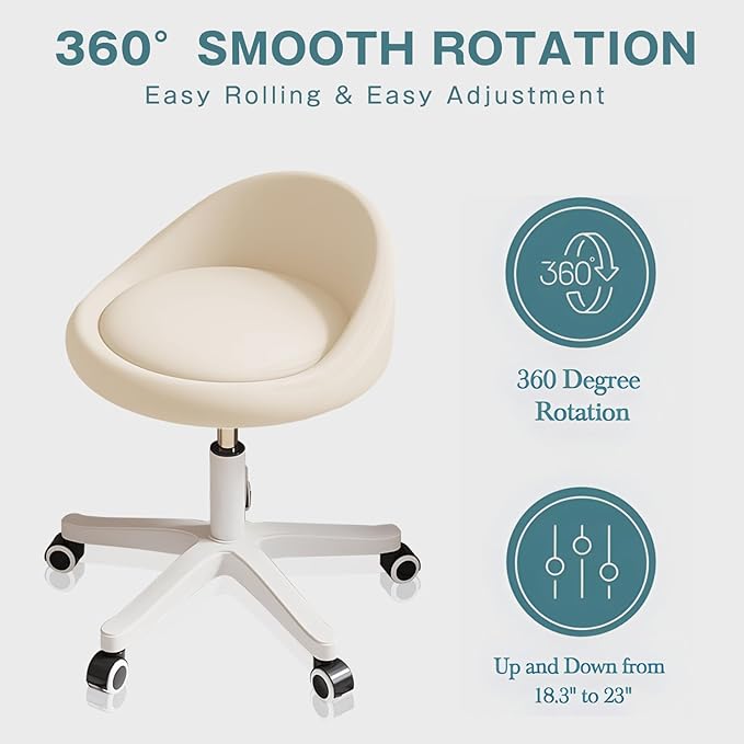 Rolling Stool Chair with Backrest, Round PU Leather Adjustable Height Hydraulic Swivel Rolling Stool for Spa Salon Tattoo Massage Doctor Dental Medical Office Beige Set of 2