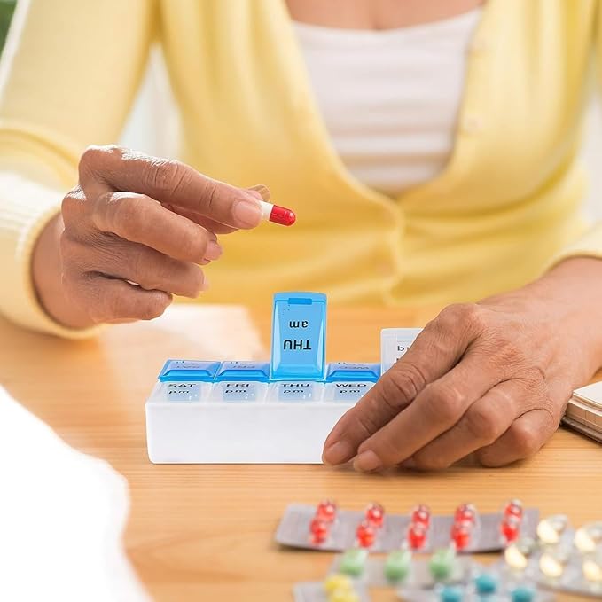 Pill Organizer 7 Day, Pill Box 2 Times a Day AM PM Pill Case, Weekly Pill Container Portable Travel Medicine Box for Vitamins and Supplements (Blue-White)