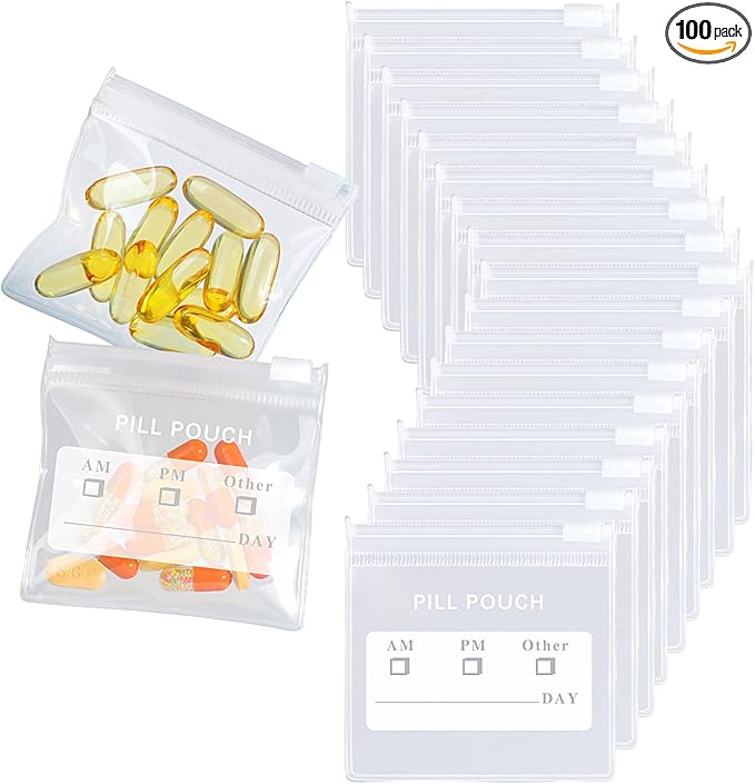 100 Packs Pill Pouches BPA Free Pill Bags 12mil Come with Mark Pen 3 x 2.75 inch Small Zip Bags with Write-on Label Seal Ziplock Pill Pouch for Travel Pill Organizer, Jewelry, Small Craft Pieces