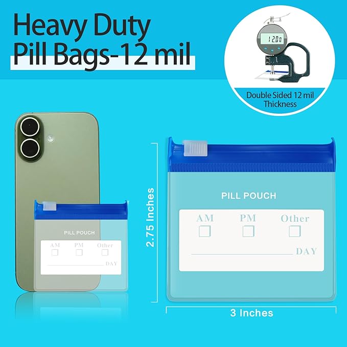 36 Packs Color Pill Pouch Bags 12mil 3 x 2.75 Inch bpa-Free, Frosted Clear EVA Materials, Heavy-Duty Thick Plastic Bags for Travel Medicine Organizer, Jewelry, Small Craft Pieces-Clear+Blue