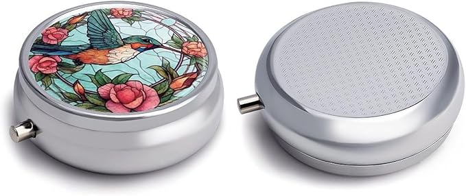 Transparent 3-Compartment Medicine Pill Case, Portable Round Pill Box for Pocket or Purse, Decorative Metal Medicine Vitamin Organizer. (Birds and Flowers)