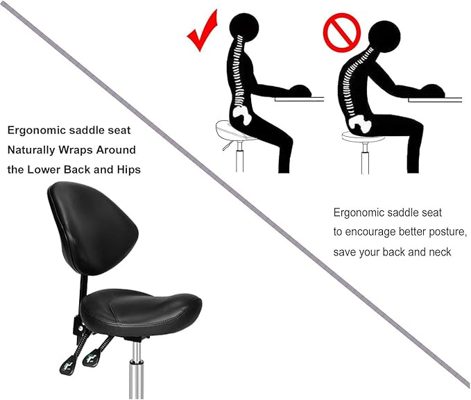 Kaleurrier Ergonomic Rolling Swivel Saddle Stool with Wheels - Hydraulic Lifting Height Adjustable Saddle Chairs for Clinic Hair Salon Lab Office Drafting Chairs (Black, with Back)