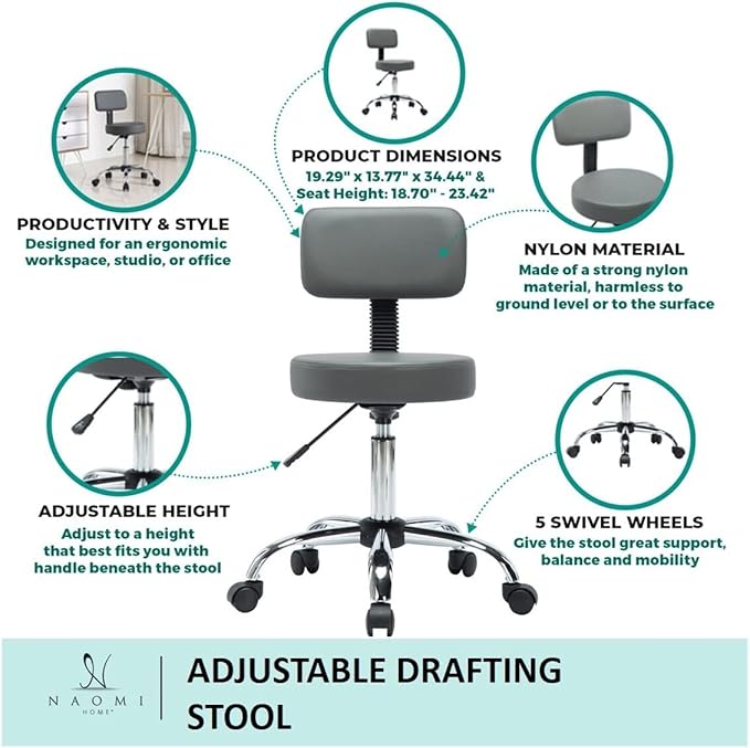 Naomi Home Adjustable Work/Office Stool Gray/Without Foot Rest